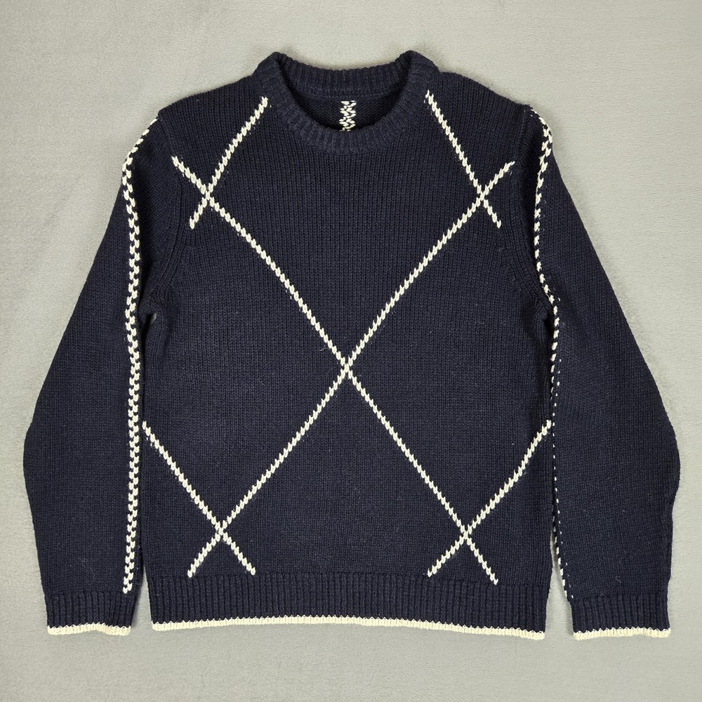 Reiss Parvey Sweater Mens Large Crew Neck Chunky Knit Wool Navy White Pullover